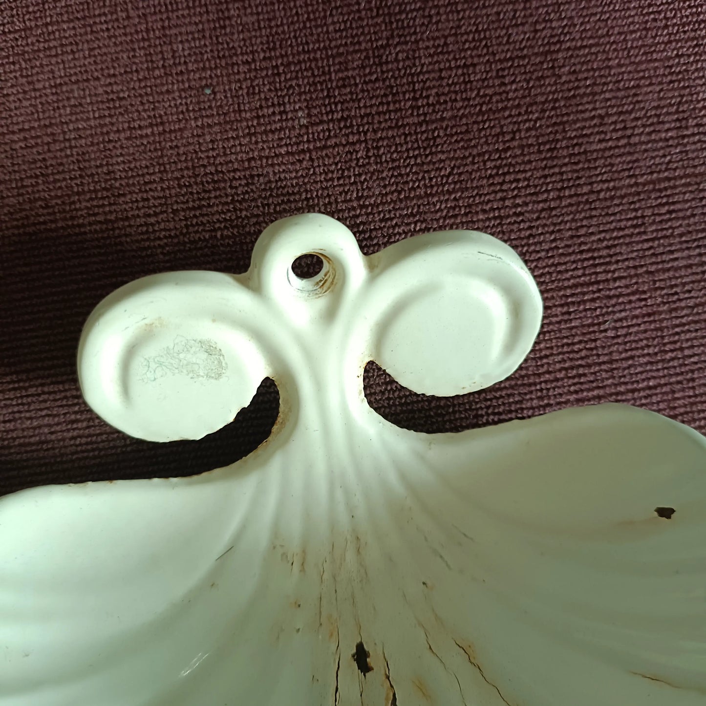 Antique white enamelled cast iron soap dish in shell shape
