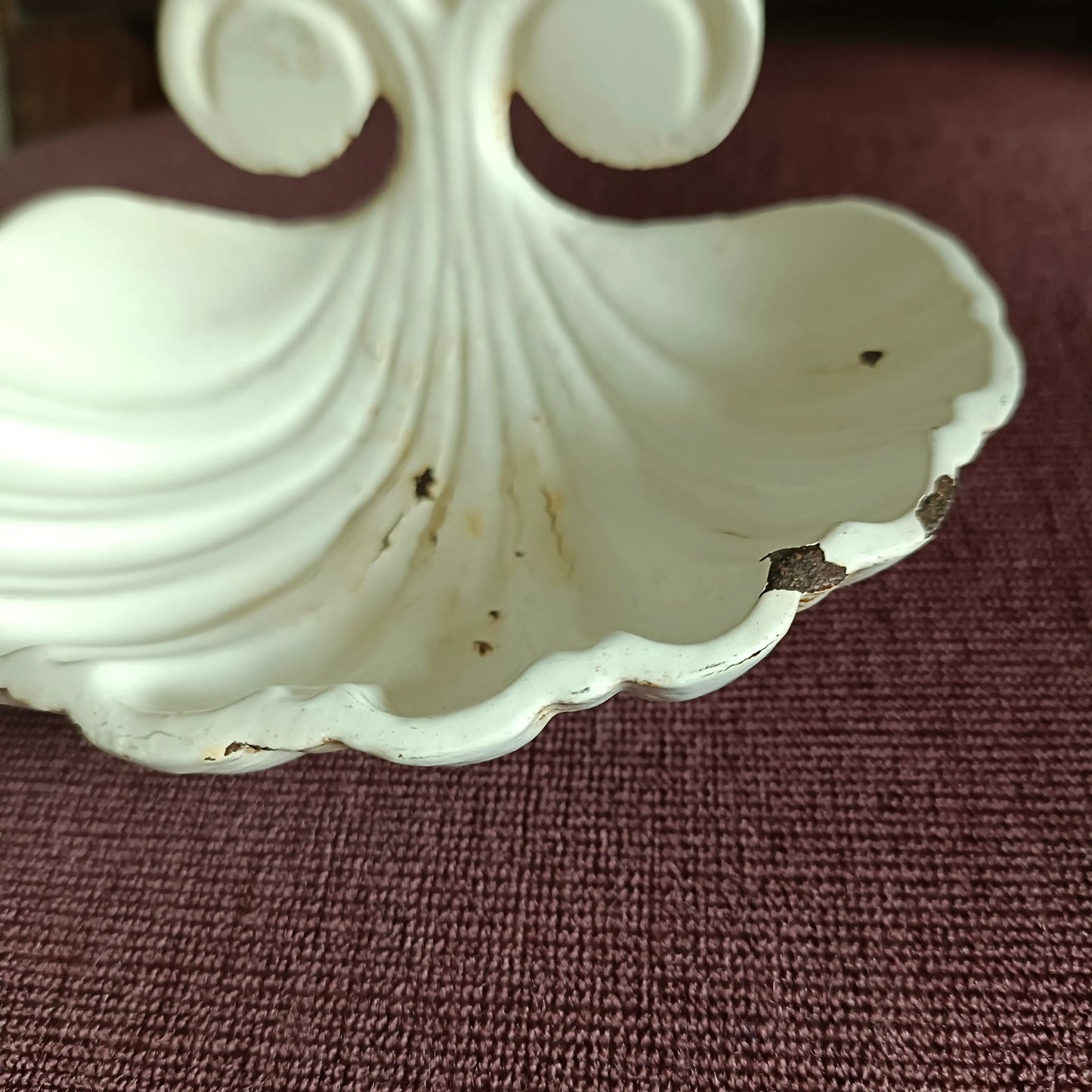Antique white enamelled cast iron soap dish in shell shape