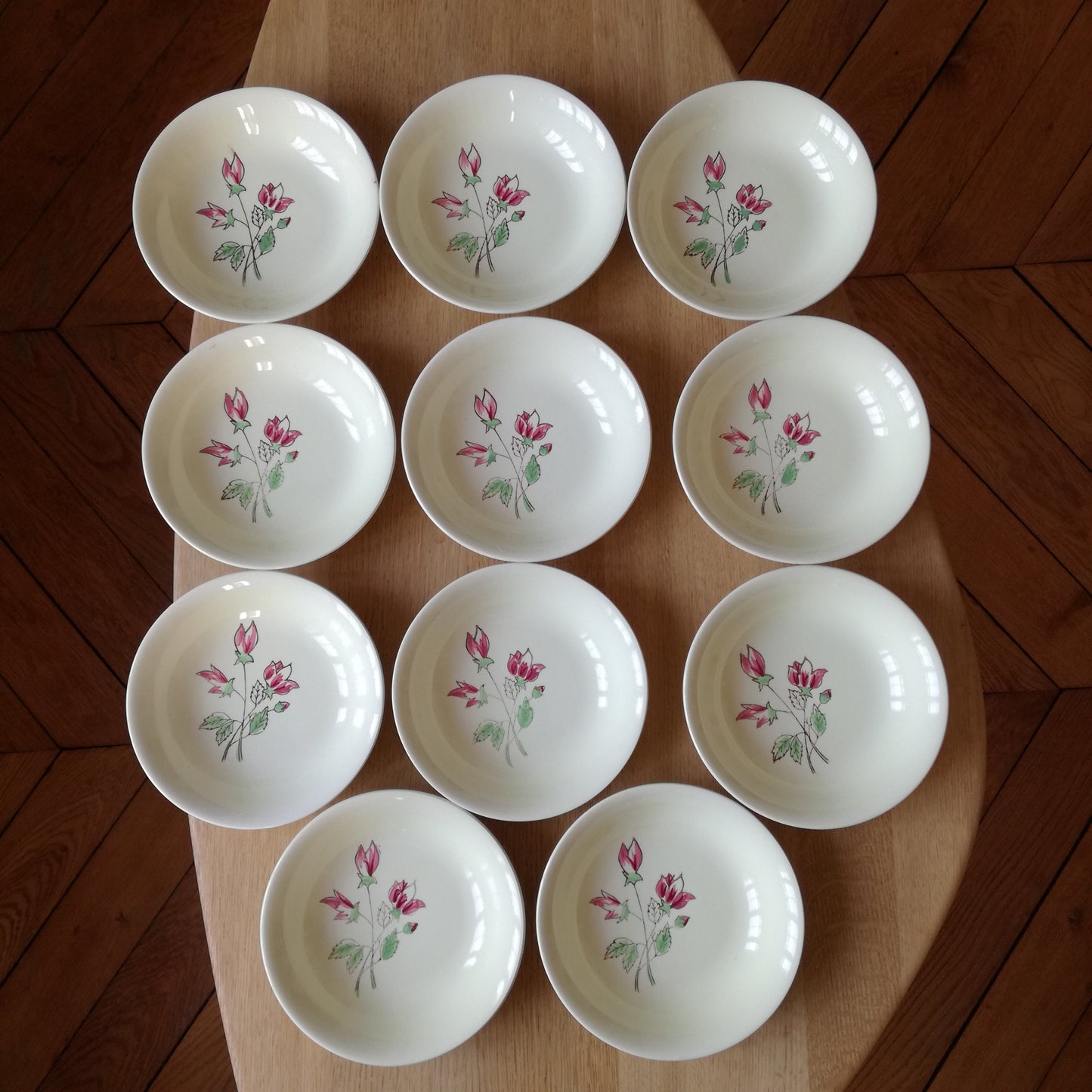11 assiettes creuses, modèle "Rose Éric", Salins
