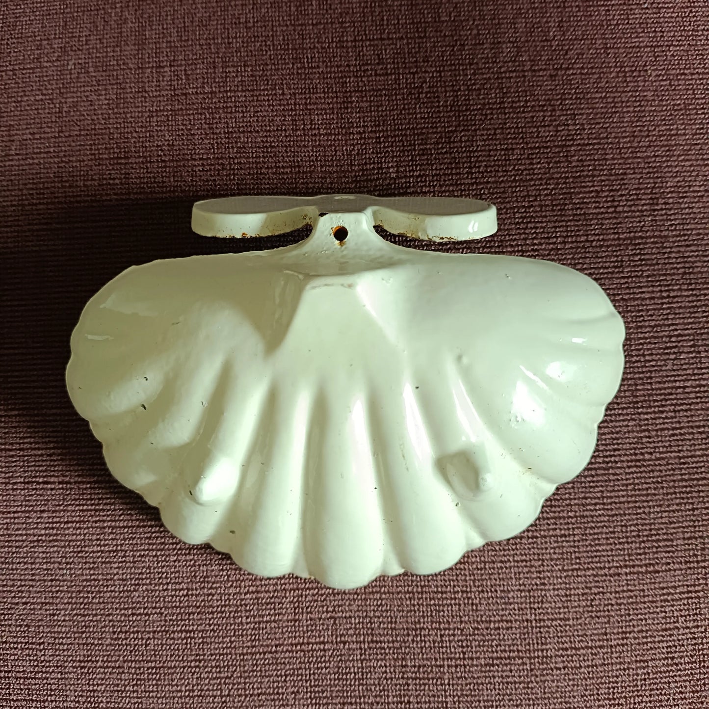 Antique white enamelled cast iron soap dish in shell shape