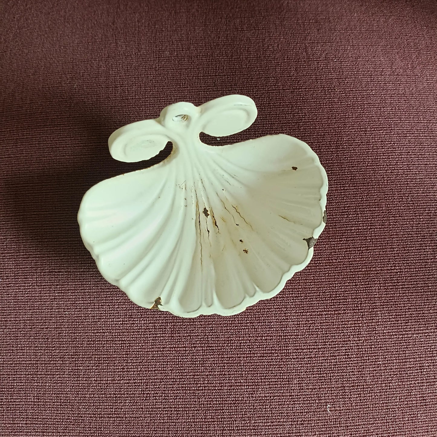 Antique white enamelled cast iron soap dish in shell shape