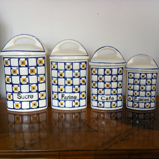 4 pots à épices à damier bleu et jaune, Urbach Frères, Tchécoslovaquie