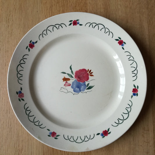 Grand plat rond à fleurs rose et bleu, HBCM
