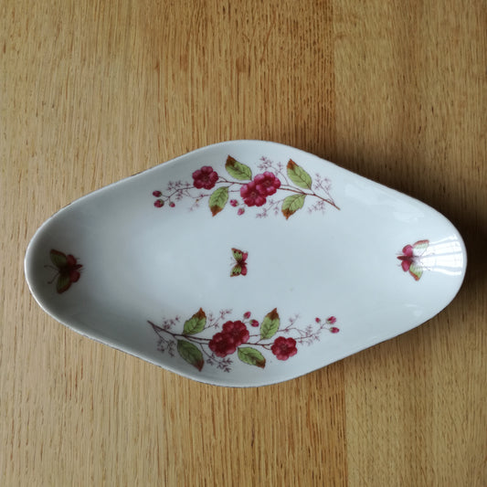 Ravier à décor d'aubépines & papillons bordeaux