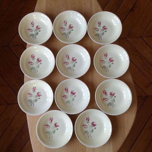 11 assiettes creuses, modèle "Rose Éric", Salins