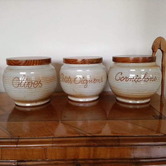 3 pots de conservation en grès pour Cornichons / Olives / Petits Oignons, Grès du Marais
