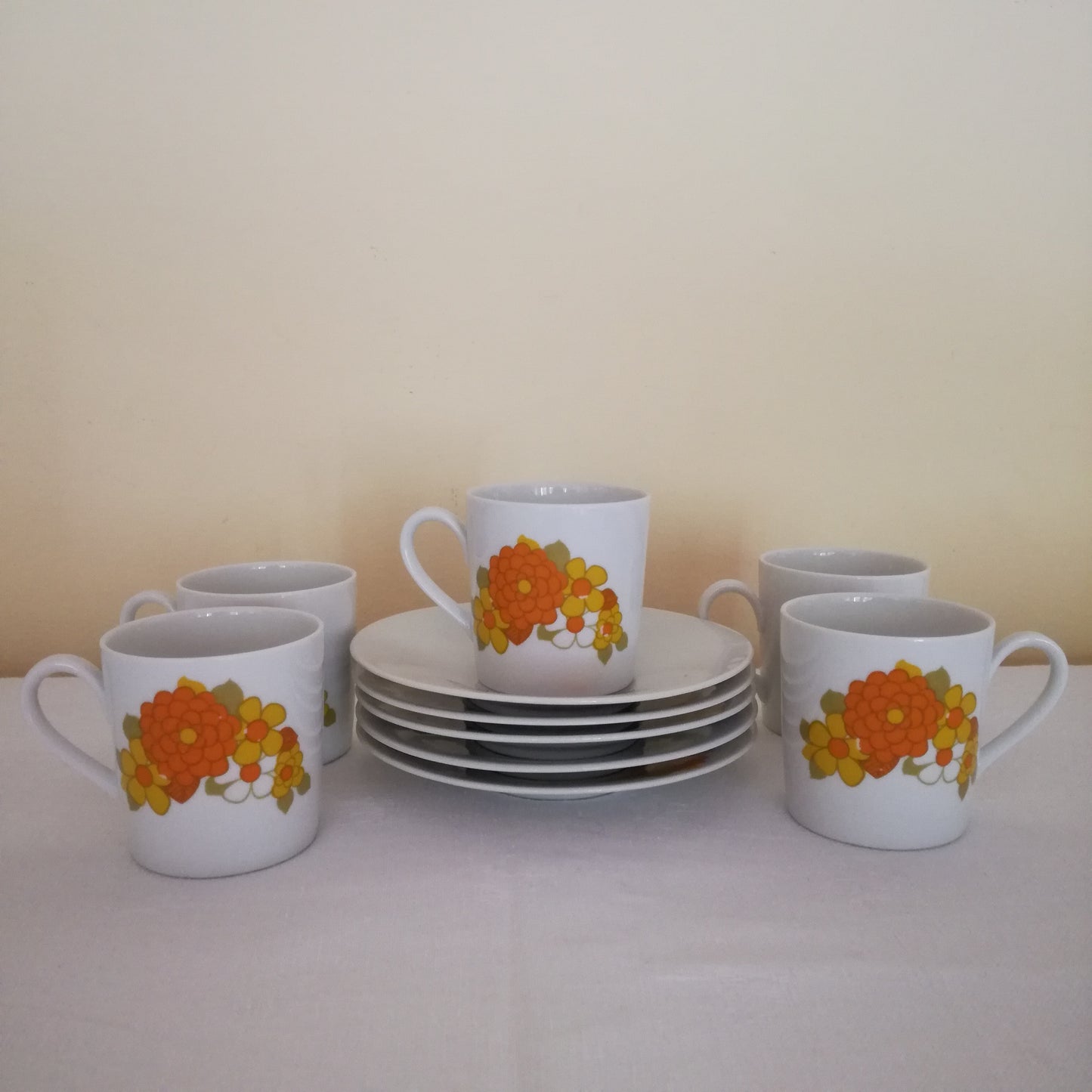 5 tasses à café & leur sous-tasse à fleurs orange et jaune, Seltmann - Bavaria