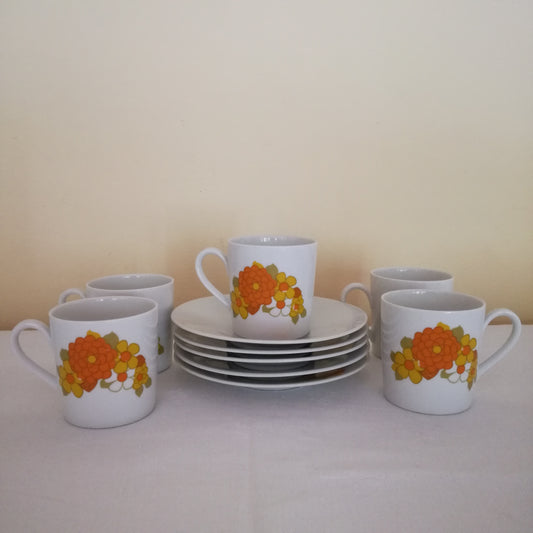 5 tasses à café & leur sous-tasse à fleurs orange et jaune, Seltmann - Bavaria