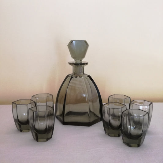 Service à liqueur, carafe & 7 verres à shoot en cristal noir biseauté