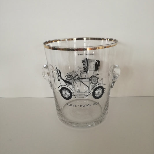 Seau à glaçons en verre à décor de voitures Rolls Royce 1903 et Renault 1914