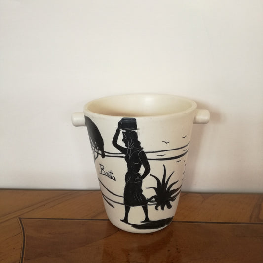 Seau à glaçons en céramique de couleur crème et paysage maritime noir Bastia Corsica décor main ME