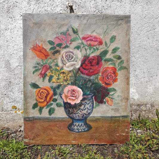 Gouache sur toile - Bouquet de roses multicolore dans un vase bleu