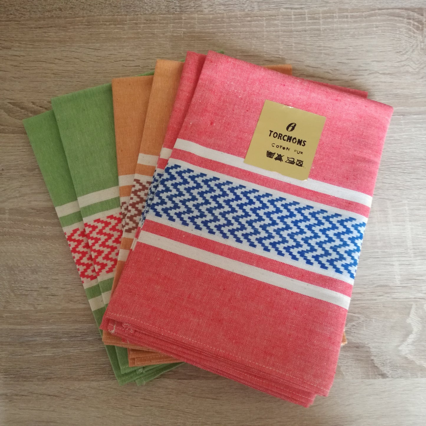 6 torchons de couleur en coton ancien rose orange et vert 55 x 70 cm