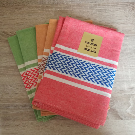 6 torchons de couleur en coton ancien rose orange et vert 55 x 70 cm