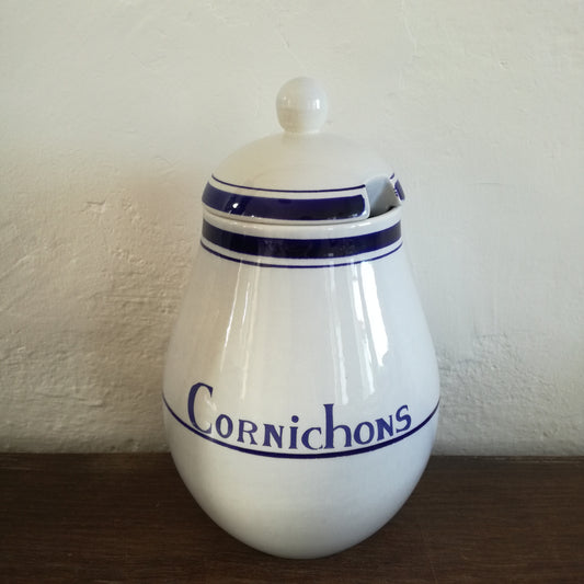 Grand pot à cornichons en faïence bleu clair et liseré marine, modèle Pensée de Salins