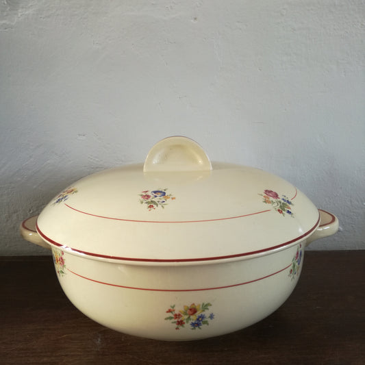 Soupière ou légumier en faïence ancienne Salins, E. Charbonnier, petits bouquets de fleurs