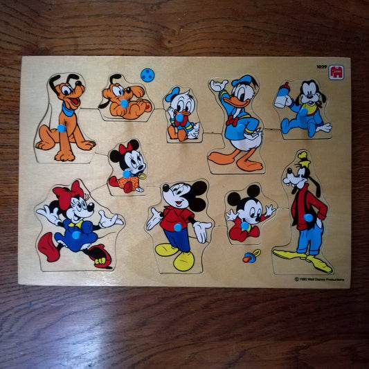 Puzzle jeu de formes vintage en bois, personnages Disney, Jumbo 1985