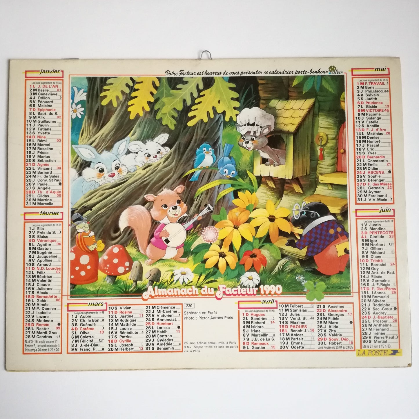 Almanach du facteur 1990 La Poste Seine et Marne, Sérénade en forêt, dessin d'Alan Fredman
