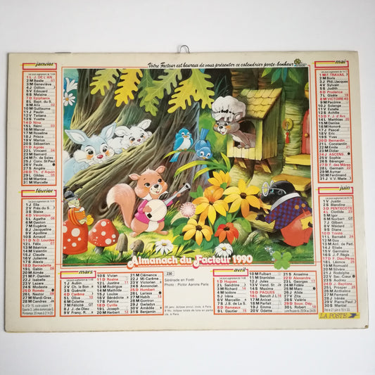 Almanach du facteur 1990 La Poste Seine et Marne, Sérénade en forêt, dessin d'Alan Fredman