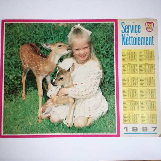 Calendrier almanach année 1987 (petite fille et faon)