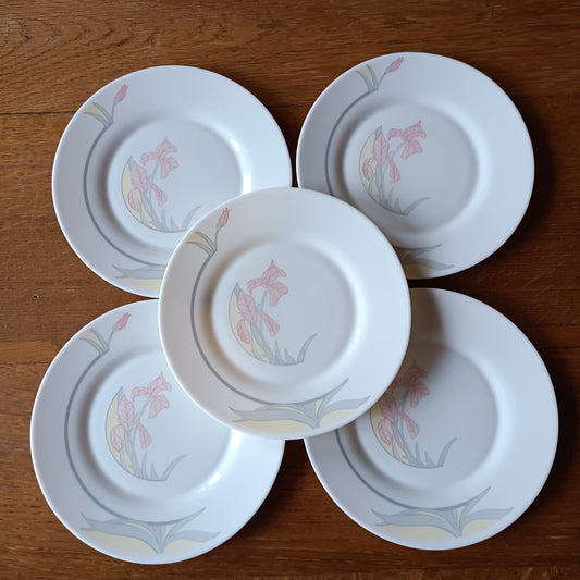 5 petites assiettes en opale décor iris roses, Arcopal années 80