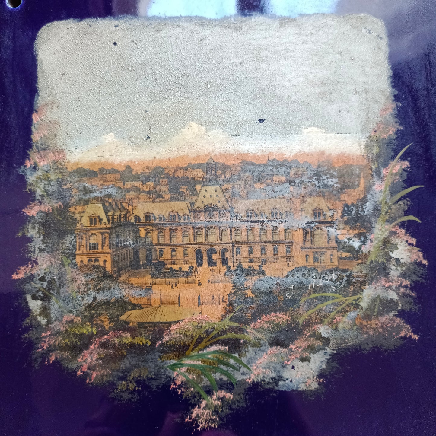 Paire de plaques murales décoratives porcelaine peintes main (château et bord de mer)