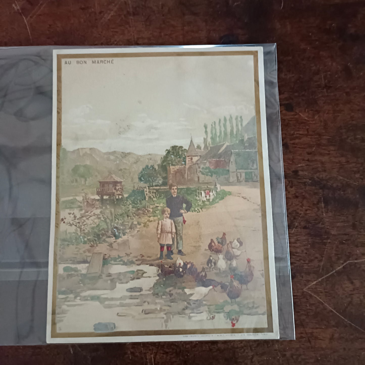 Lithographie publicitaire "Au Bon Marché" maison Boucicaut vers 1900 (poules)