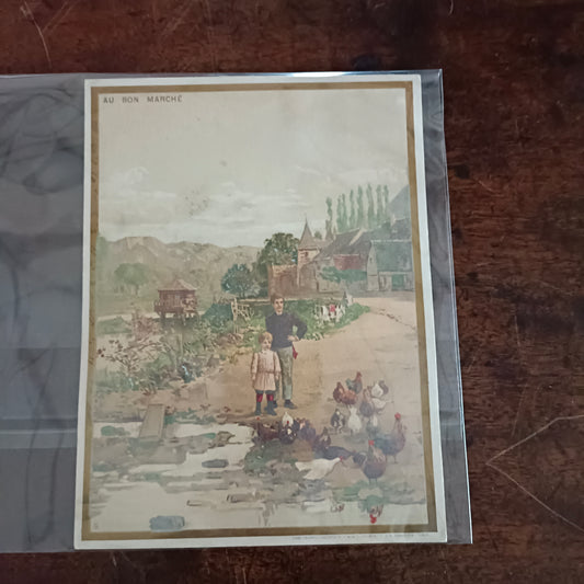 Lithographie publicitaire "Au Bon Marché" maison Boucicaut vers 1900 (poules)
