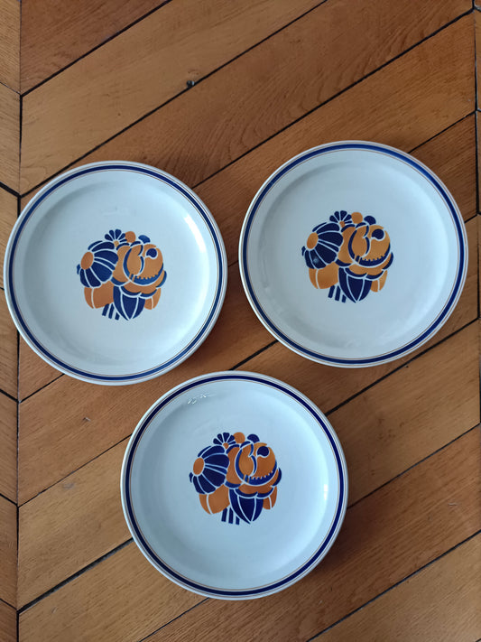 3 assiettes plates en faïence Sarreguemines Art Déco, Édition de la Maîtrise, décor "Auteuil"