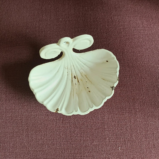 Antique white enamelled cast iron soap dish in shell shape