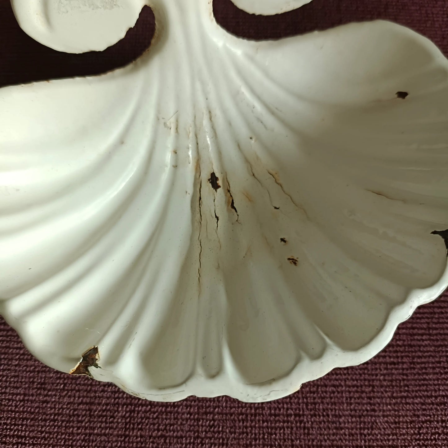 Antique white enamelled cast iron soap dish in shell shape